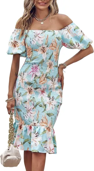 PRETTYGARDEN Bodycon Midi Dresses 2025 Summer Floral Puff Sleeve Mermaid Cocktail Baby Shower Photoshoot Maternity Dress