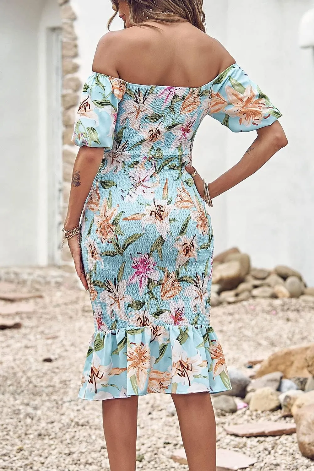 PRETTYGARDEN Bodycon Midi Dresses 2025 Summer Floral Puff Sleeve Mermaid Cocktail Baby Shower Photoshoot Maternity Dress