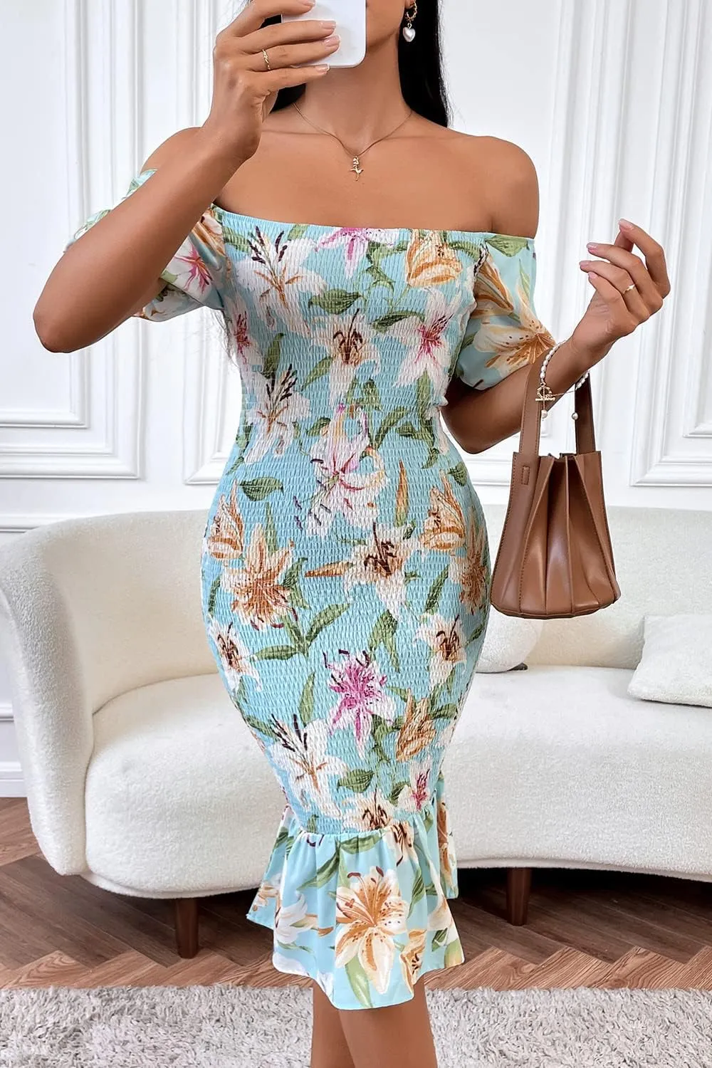 PRETTYGARDEN Bodycon Midi Dresses 2025 Summer Floral Puff Sleeve Mermaid Cocktail Baby Shower Photoshoot Maternity Dress