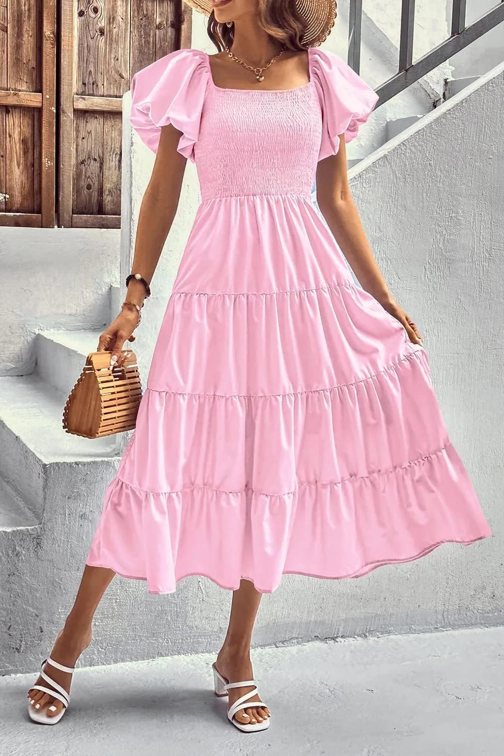 PRETTYGARDEN Women's 2025 Summer Casual Midi Dress Puffy Short Sleeve Square Neck Smocked Tiered Ruffle Dresses