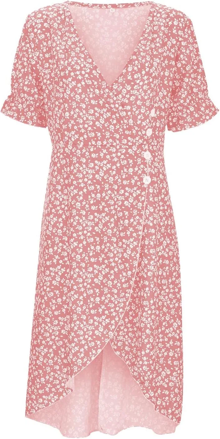 PTOLOCIF Women's Button V Neck Bubble Sleeve Irregular Hem Dress Plus Size T Shirt Dress