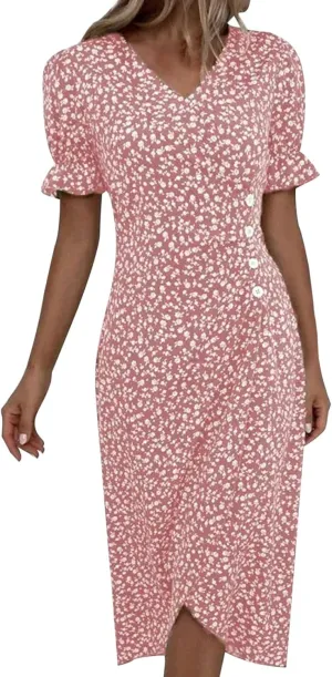 PTOLOCIF Women's Button V Neck Bubble Sleeve Irregular Hem Dress Plus Size T Shirt Dress