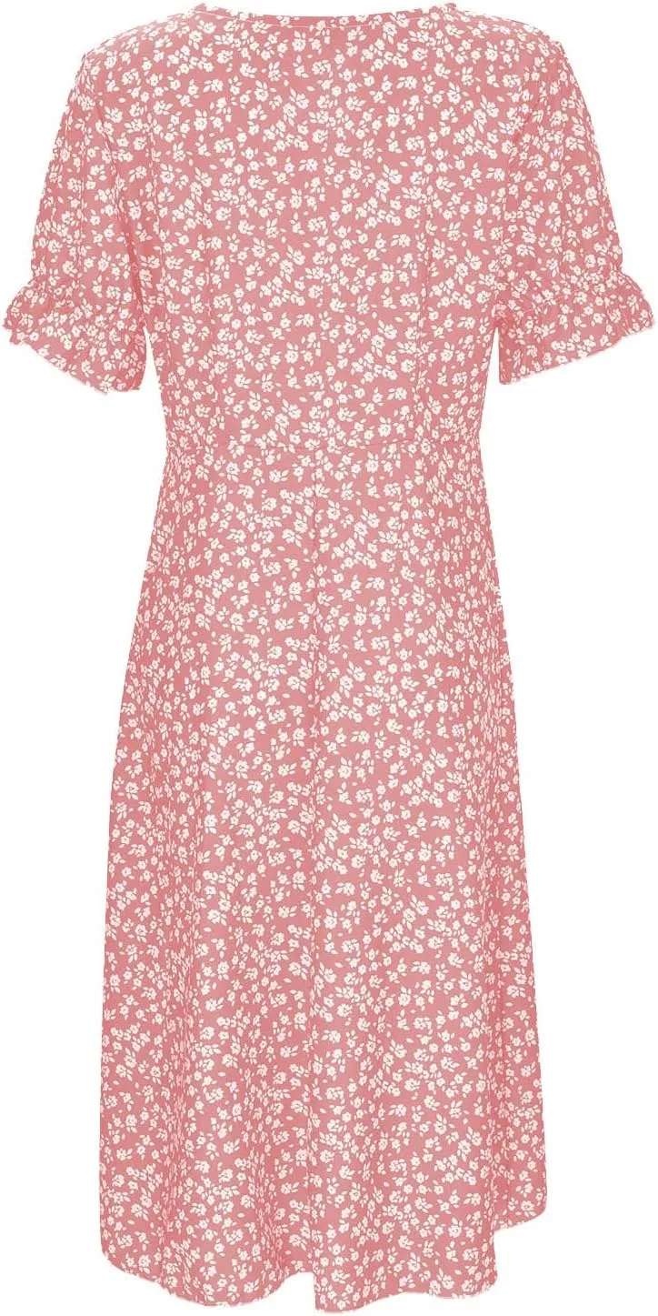 PTOLOCIF Women's Button V Neck Bubble Sleeve Irregular Hem Dress Plus Size T Shirt Dress