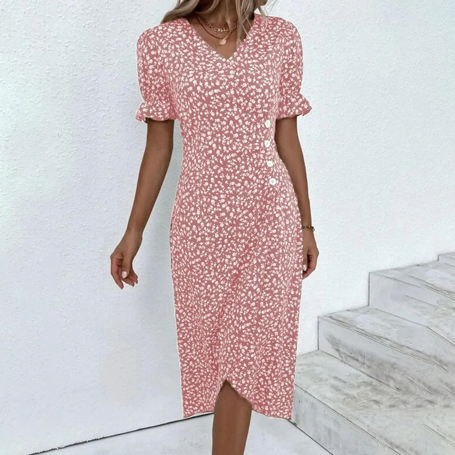 PTOLOCIF Women's Button V Neck Bubble Sleeve Irregular Hem Dress Plus Size T Shirt Dress