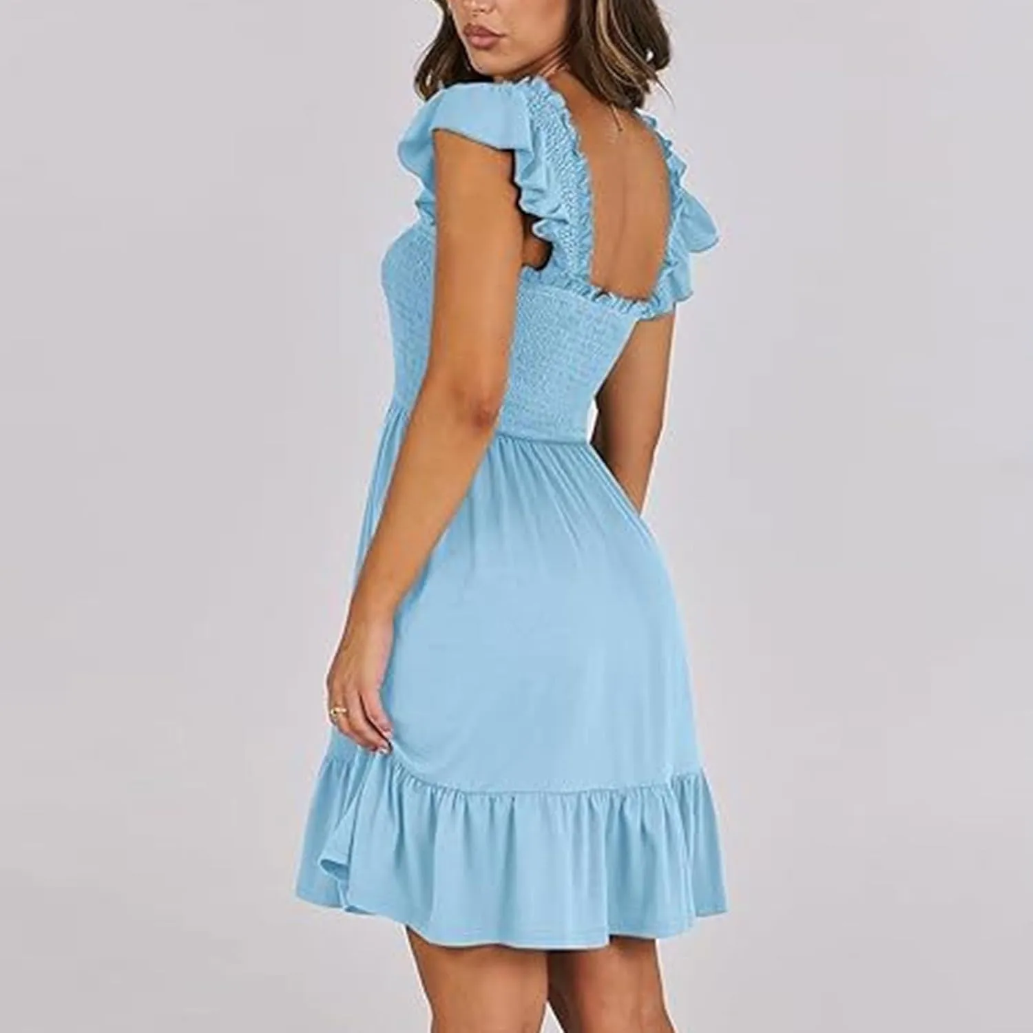 PTOLOCIF Womens Summer Casual Sleeveless Square Neck Smocked Ruffle Backless Boho Short Mini Casual Fall Work Dresses for