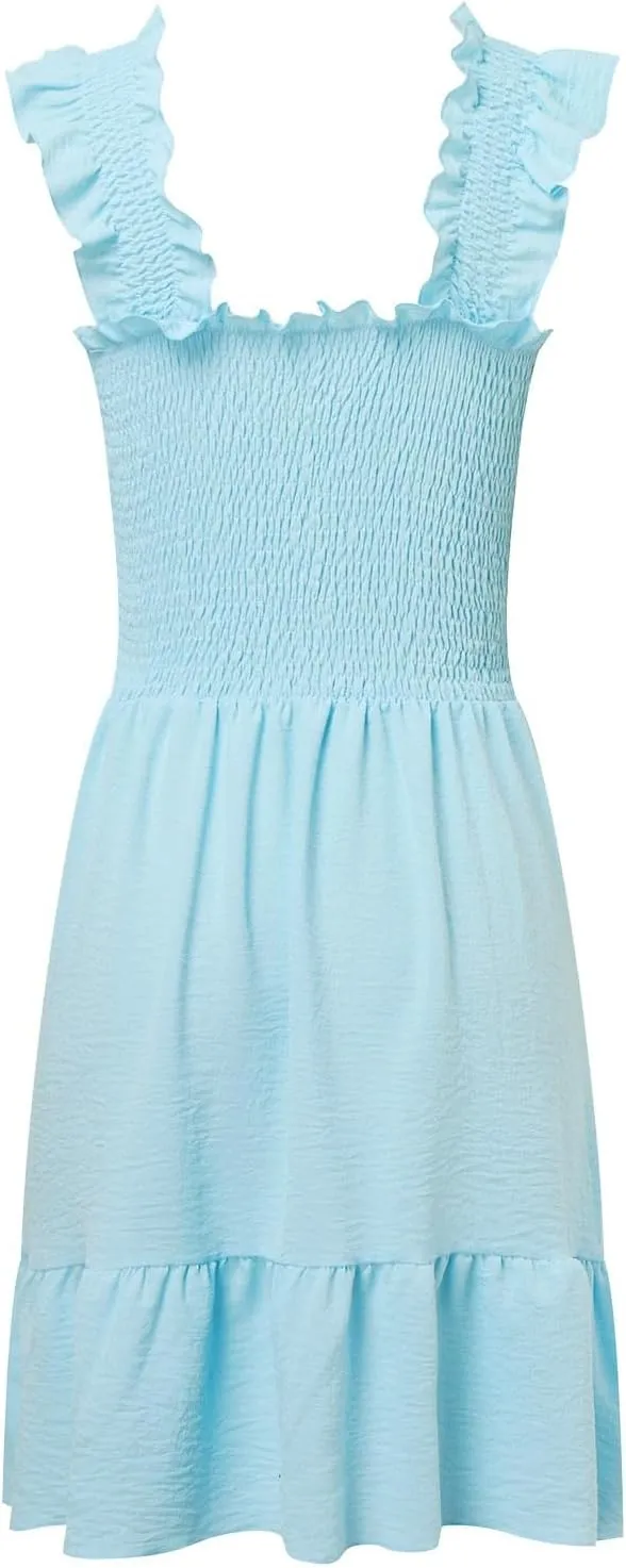 PTOLOCIF Womens Summer Casual Sleeveless Square Neck Smocked Ruffle Backless Boho Short Mini Casual Fall Work Dresses for