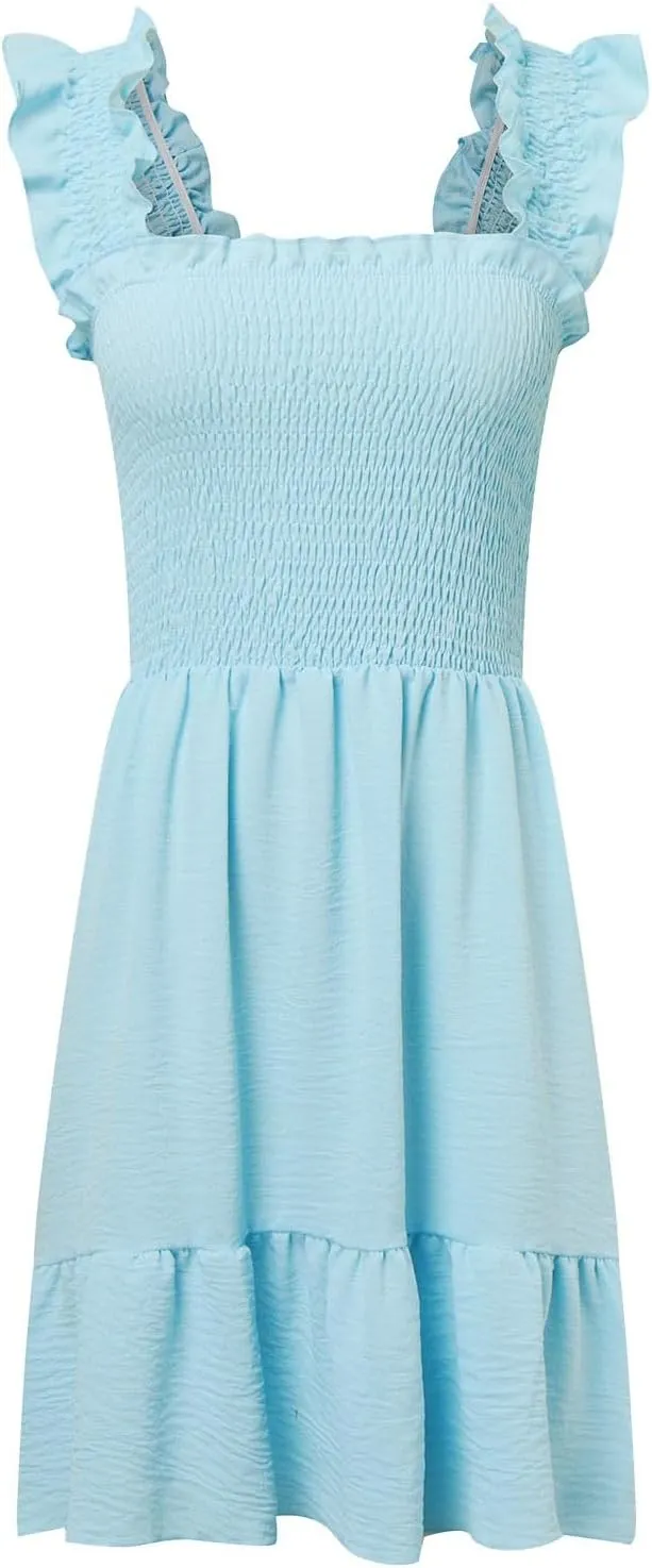 PTOLOCIF Womens Summer Casual Sleeveless Square Neck Smocked Ruffle Backless Boho Short Mini Casual Fall Work Dresses for