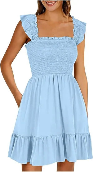 PTOLOCIF Womens Summer Casual Sleeveless Square Neck Smocked Ruffle Backless Boho Short Mini Casual Fall Work Dresses for