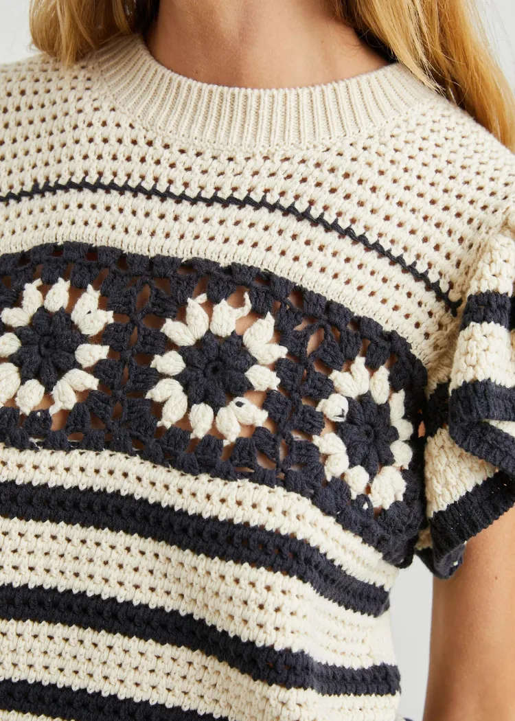 Rails Penelope Top - Oat Navy Crochet Stripe