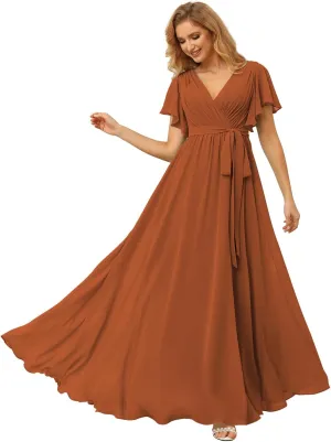 Raseal Flutter Sleeve Chiffon Bridesmaid Dress Long with Pockets V Neck Pleated Formal Dress for Women RS037