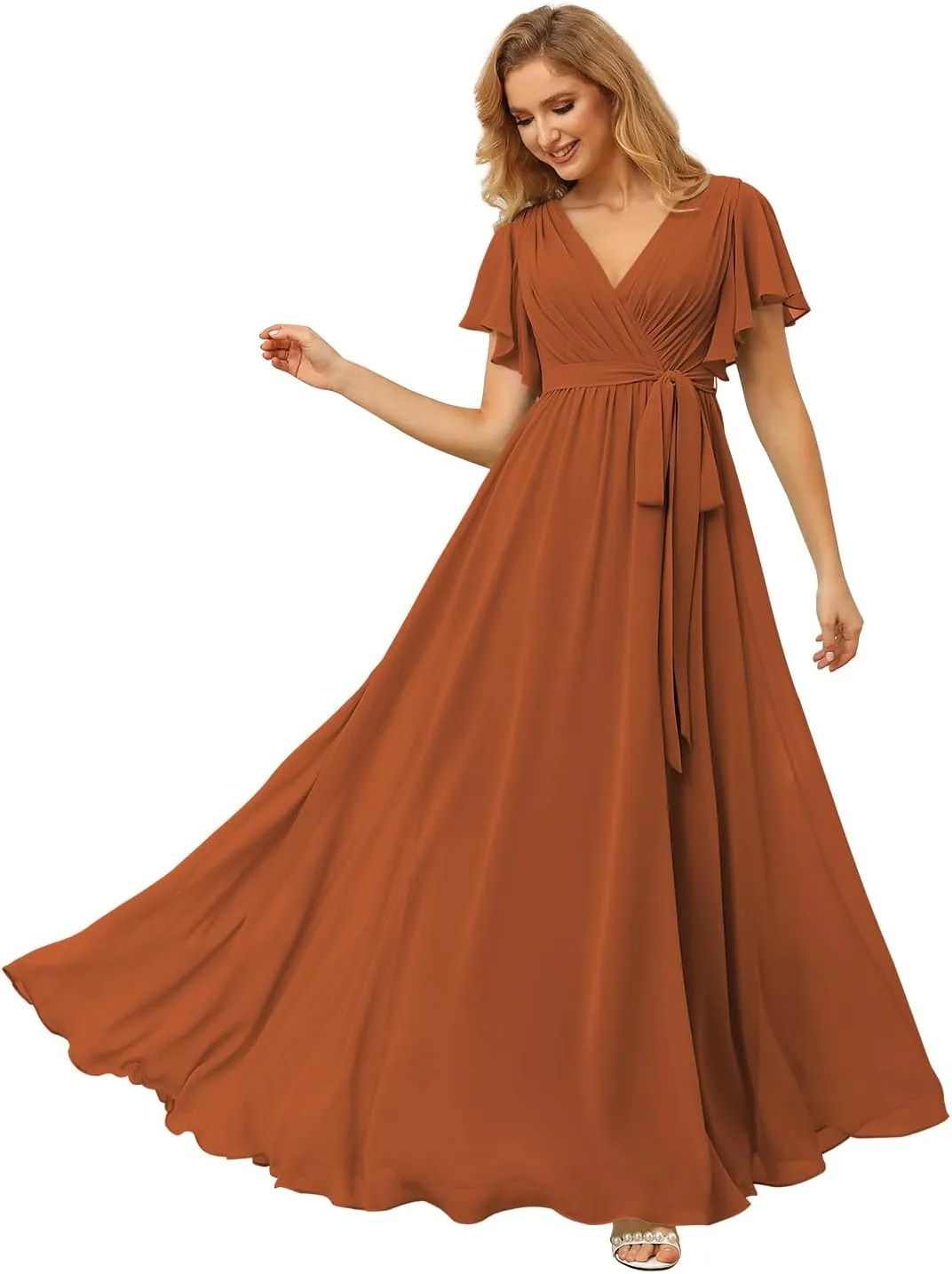 Raseal Flutter Sleeve Chiffon Bridesmaid Dress Long with Pockets V Neck Pleated Formal Dress for Women RS037