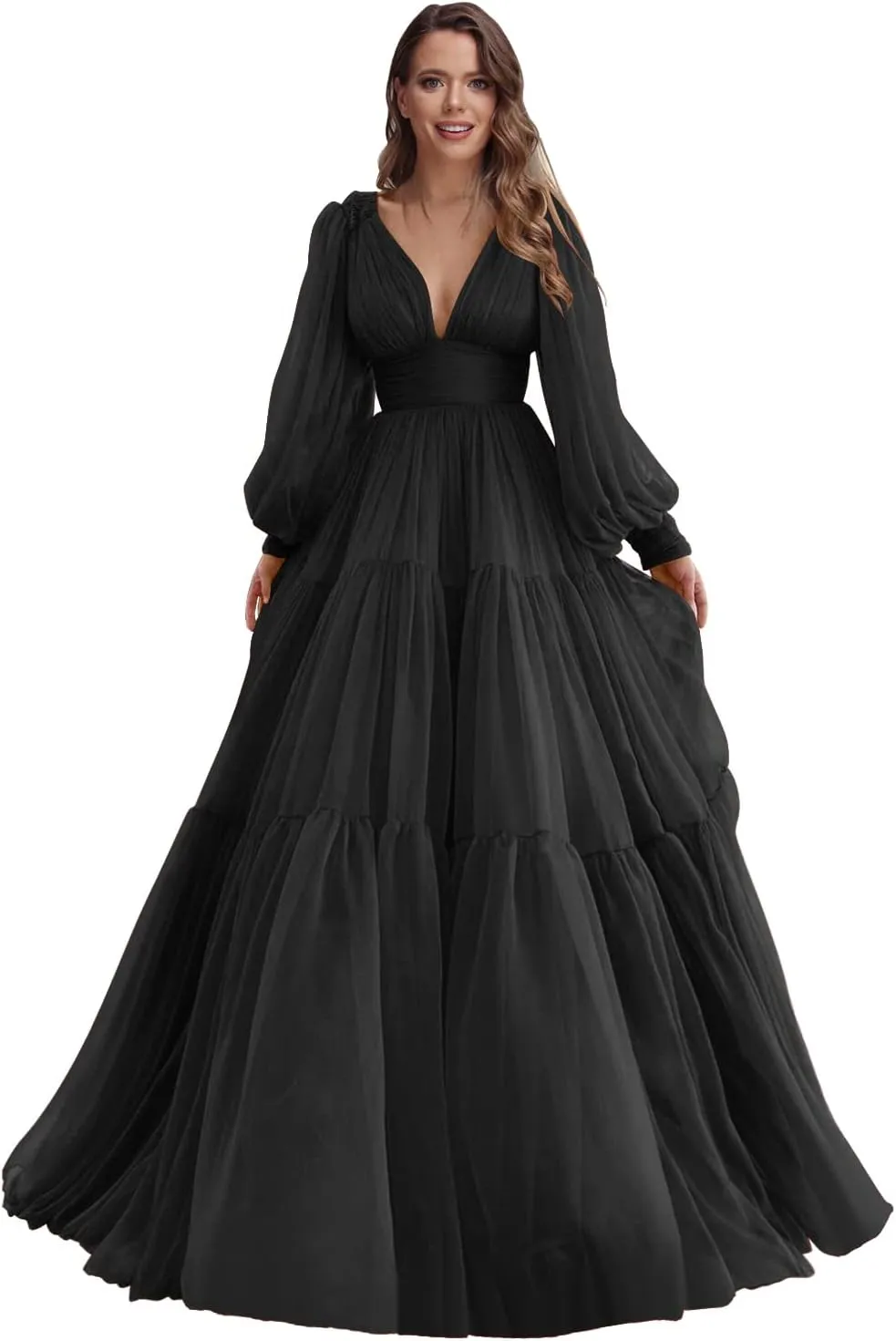 Raseal Long Puffy Sleeve Prom Dress V Neck A-Line Ball Gown Chiffon Formal Evening Gowns for Women RS008