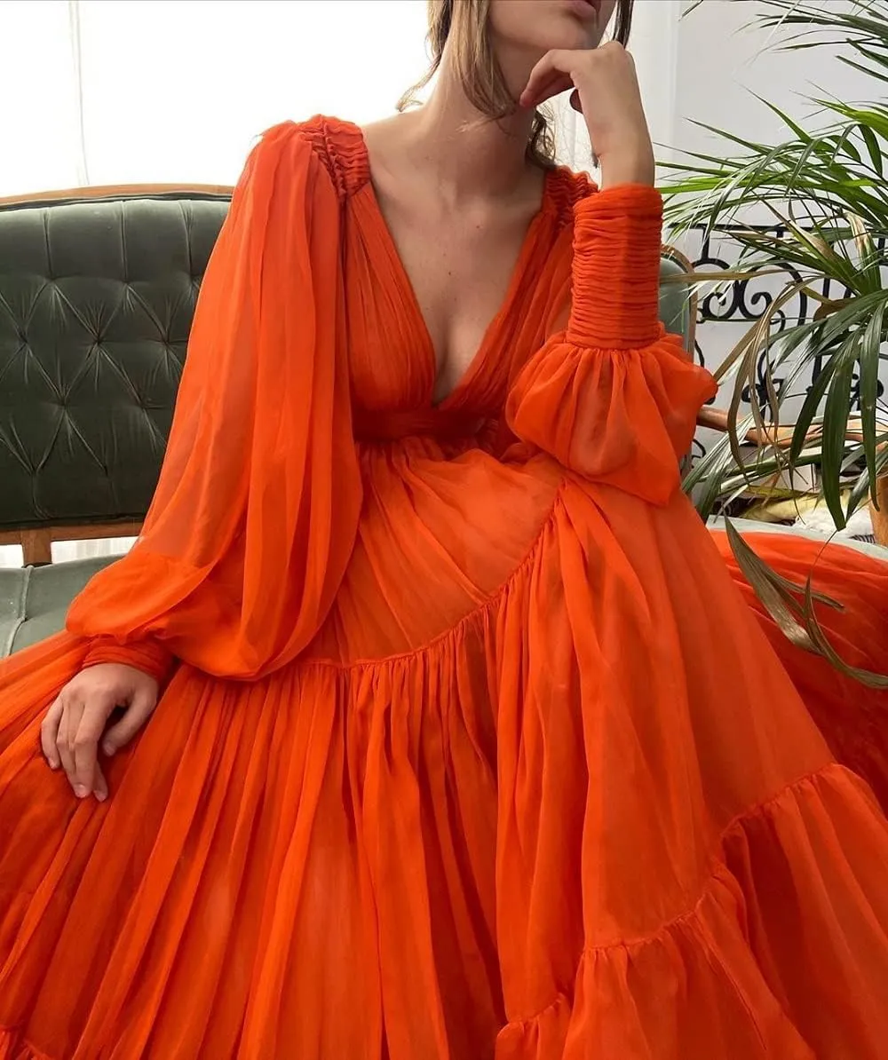 Raseal Long Puffy Sleeve Prom Dress V Neck A-Line Ball Gown Chiffon Formal Evening Gowns for Women RS008