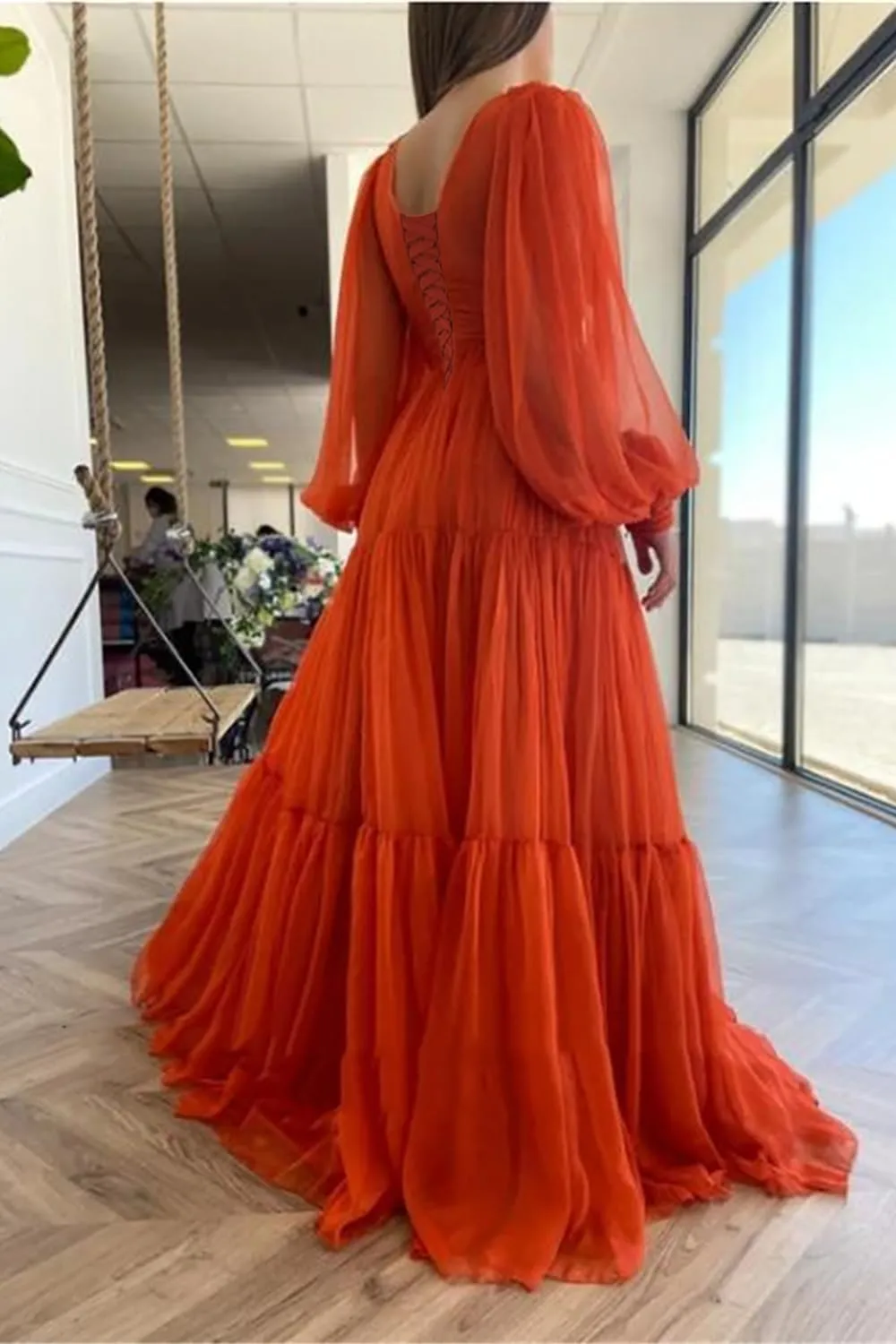 Raseal Long Puffy Sleeve Prom Dress V Neck A-Line Ball Gown Chiffon Formal Evening Gowns for Women RS008