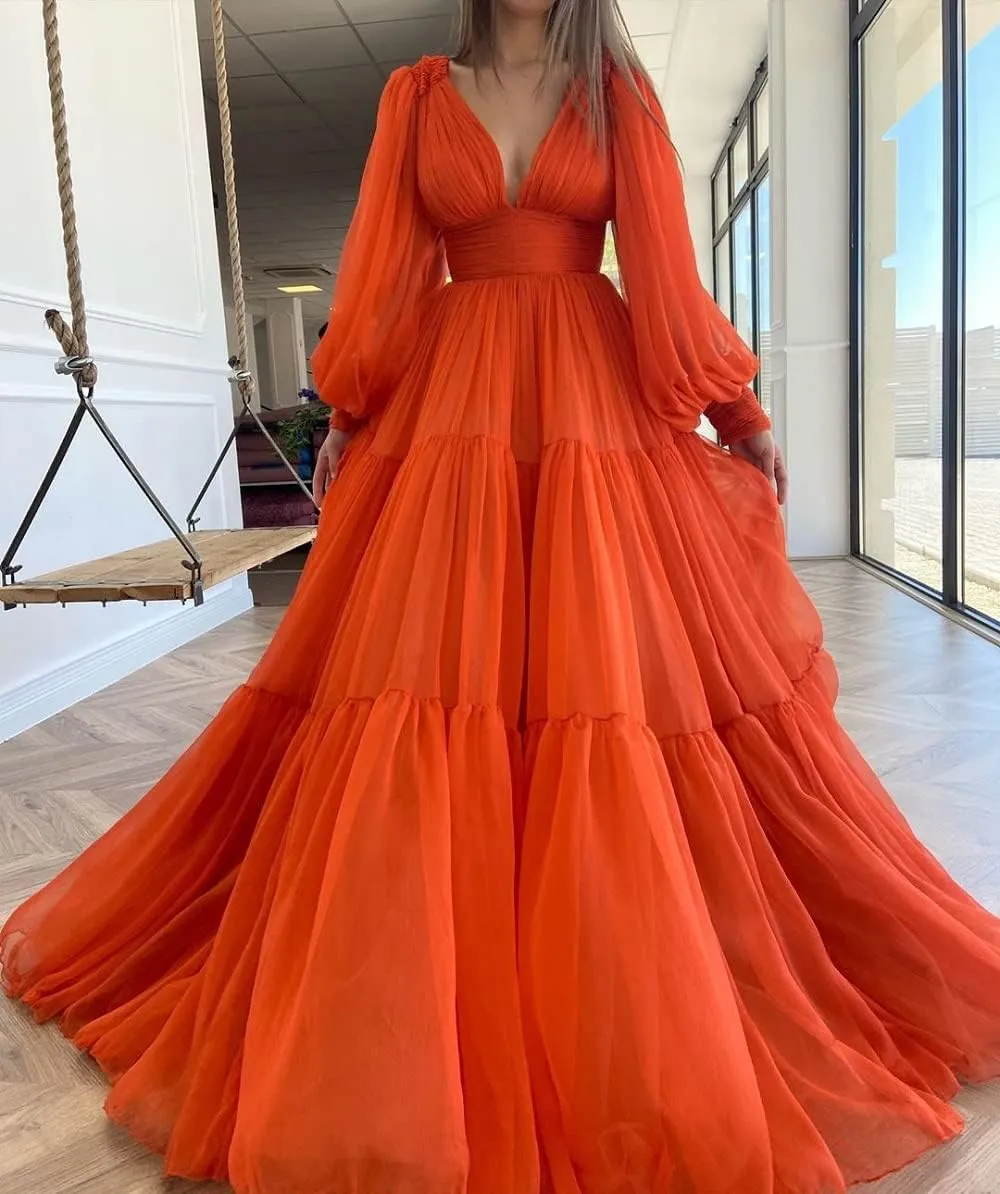 Raseal Long Puffy Sleeve Prom Dress V Neck A-Line Ball Gown Chiffon Formal Evening Gowns for Women RS008