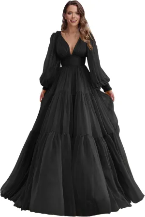 Raseal Long Puffy Sleeve Prom Dress V Neck A-Line Ball Gown Chiffon Formal Evening Gowns for Women RS008