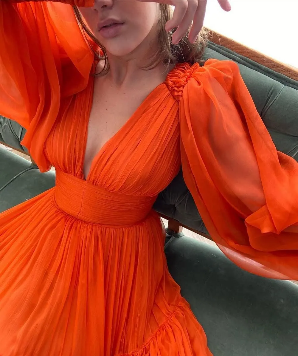 Raseal Long Puffy Sleeve Prom Dress V Neck A-Line Ball Gown Chiffon Formal Evening Gowns for Women RS008