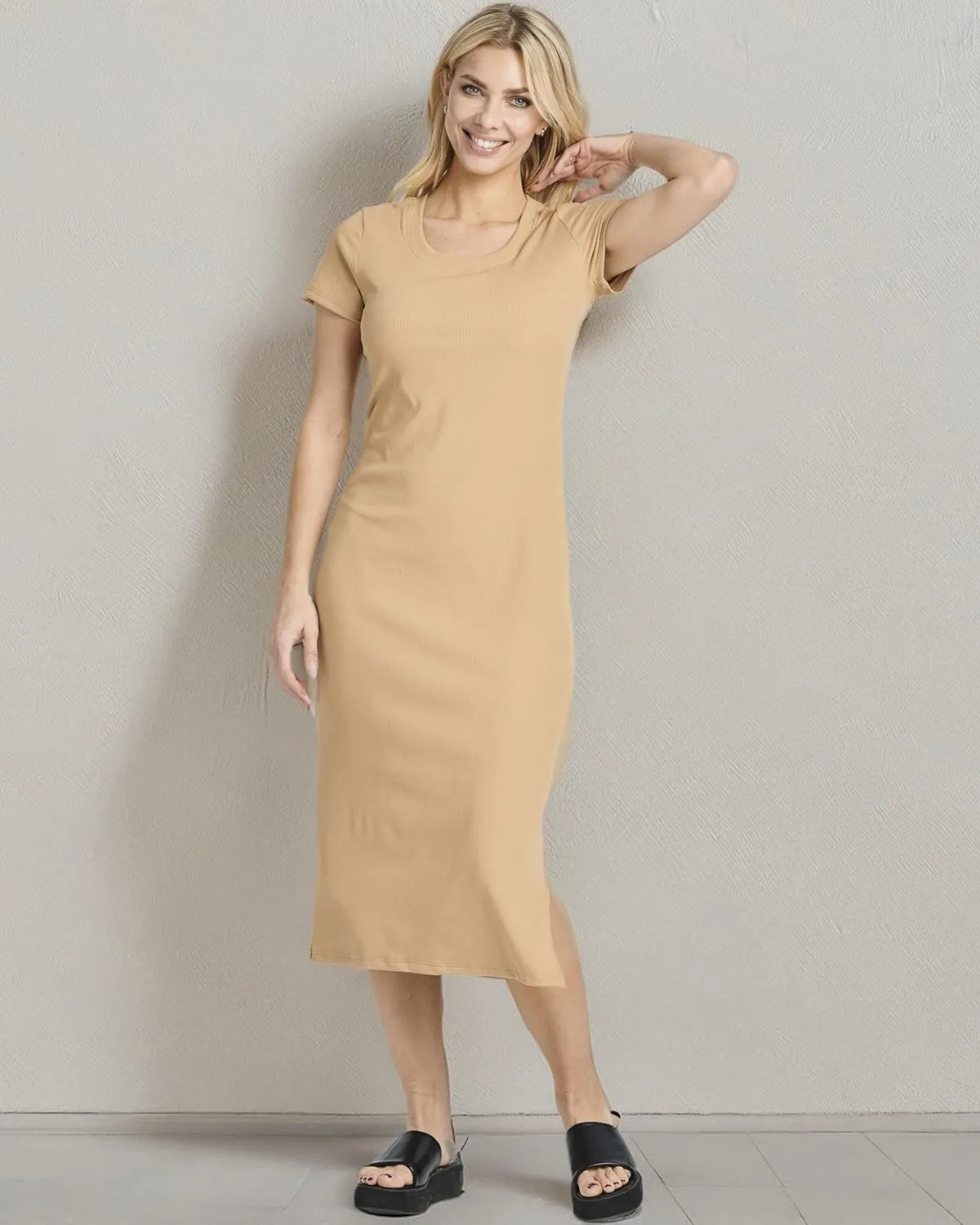 Real Essentials 3 Pack: Women's Ribbed Jersey Crew Neck Short Sleeve Midi Length Dress with Side Slit
