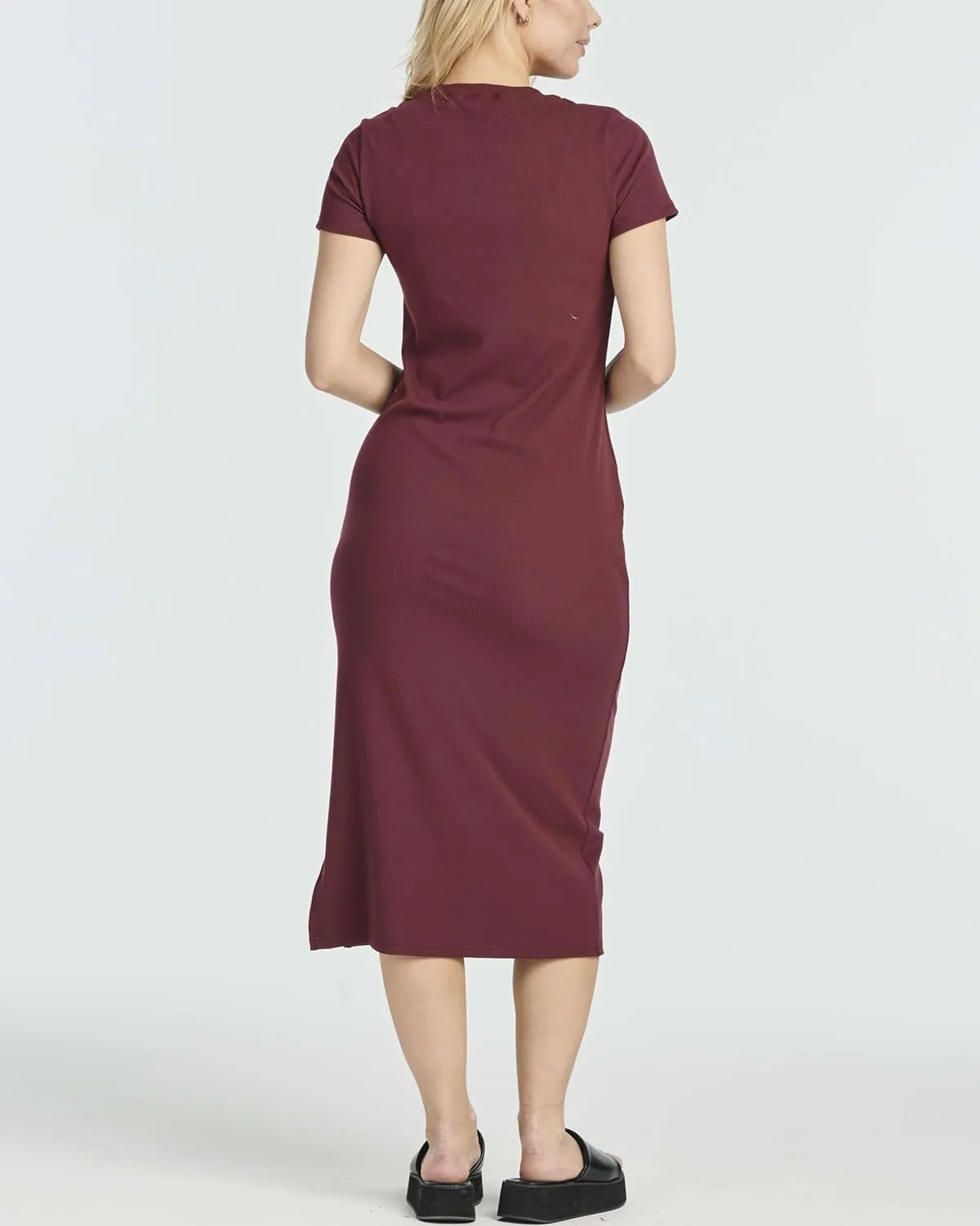 Real Essentials 3 Pack: Women's Ribbed Jersey Crew Neck Short Sleeve Midi Length Dress with Side Slit