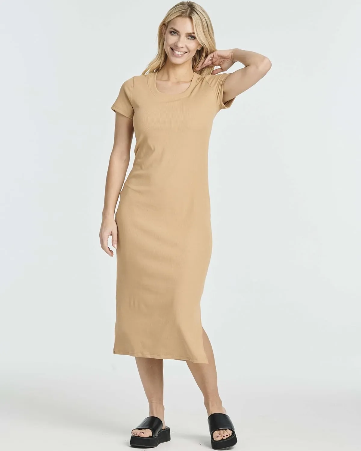 Real Essentials 3 Pack: Women's Ribbed Jersey Crew Neck Short Sleeve Midi Length Dress with Side Slit