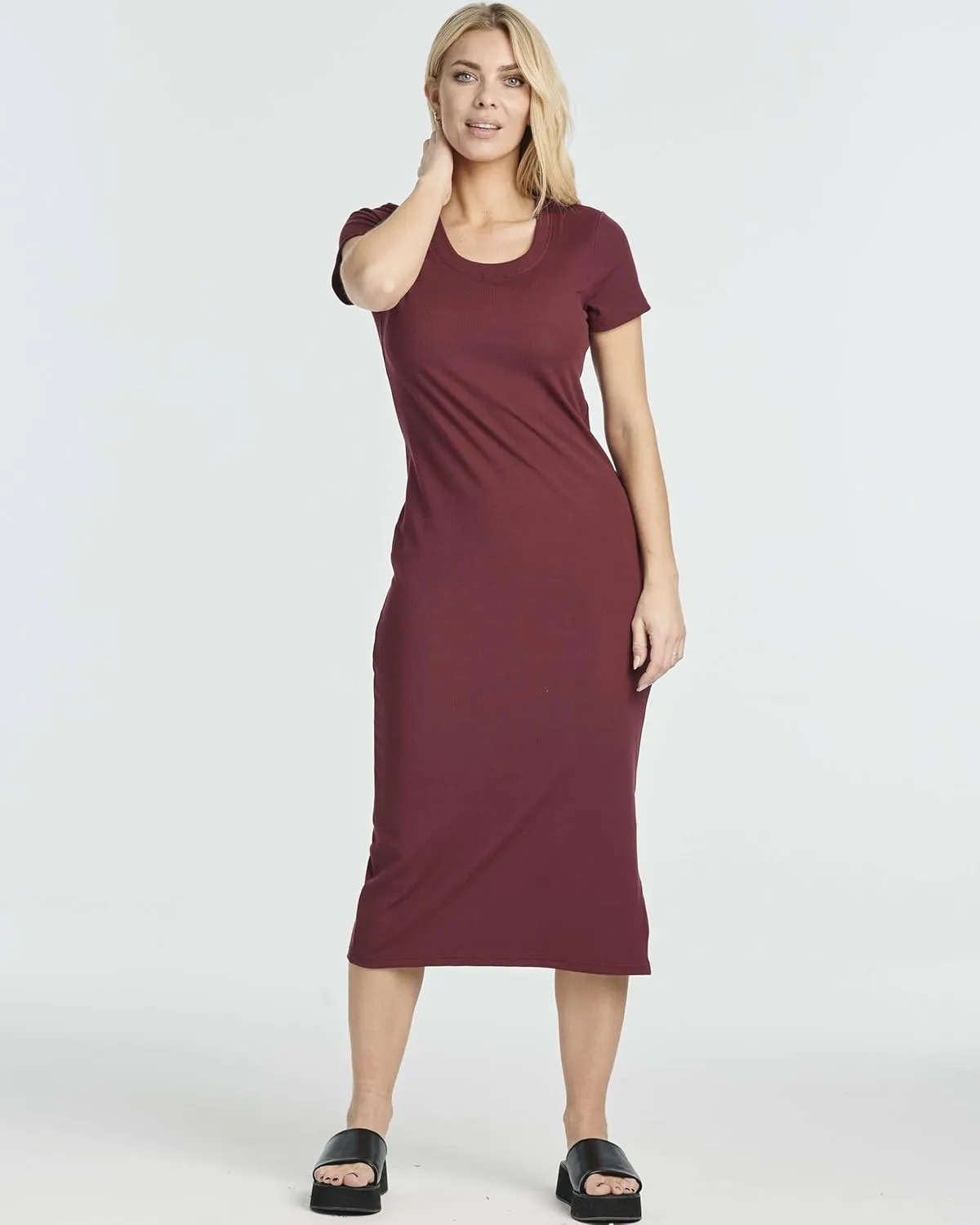 Real Essentials 3 Pack: Women's Ribbed Jersey Crew Neck Short Sleeve Midi Length Dress with Side Slit