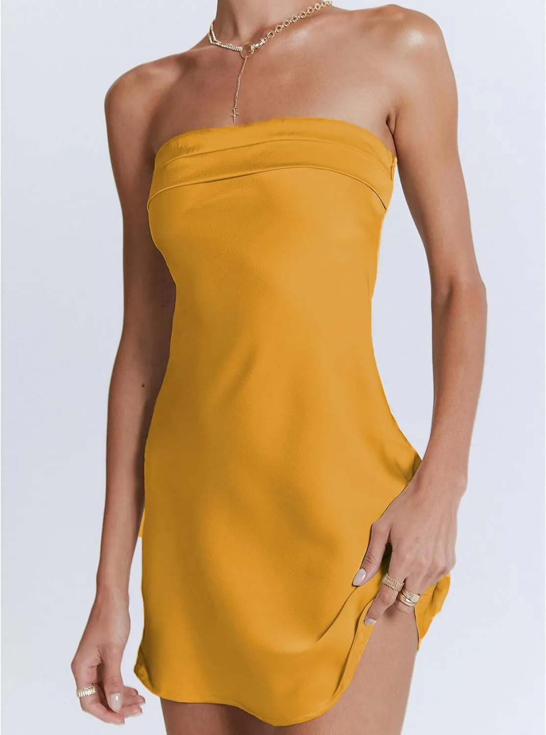 Realtix Womens Satin Silk Backless Strapless Mini Dress Sexy Low Back Tube Club Party Dress for Women