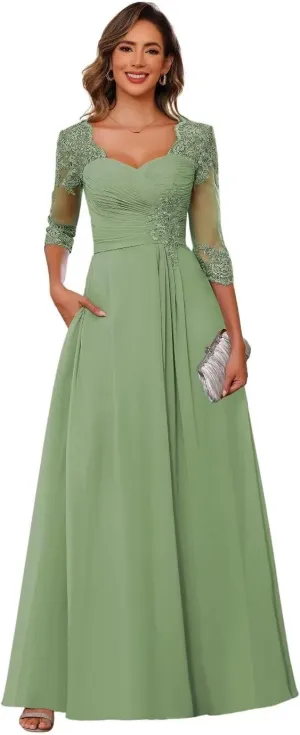 RSOETOO Lace Appliques Mother of The Bride Dresses Short Sleeves Long Sequin Beaded Formal Evening Prom Dress RO220