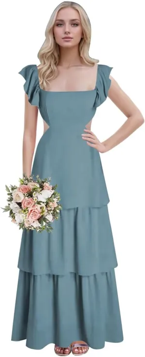 Ruffle Bridesmaid Dresses for Women Long Chiffon Square Neck Tiered Formal Dress for Wedding Guest