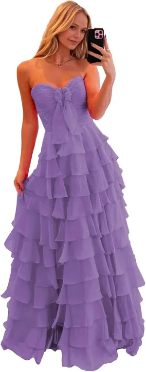 Ruffle Prom Dress with Slit Chiffon Flowy Formal Evening Dresses for Teens 2025