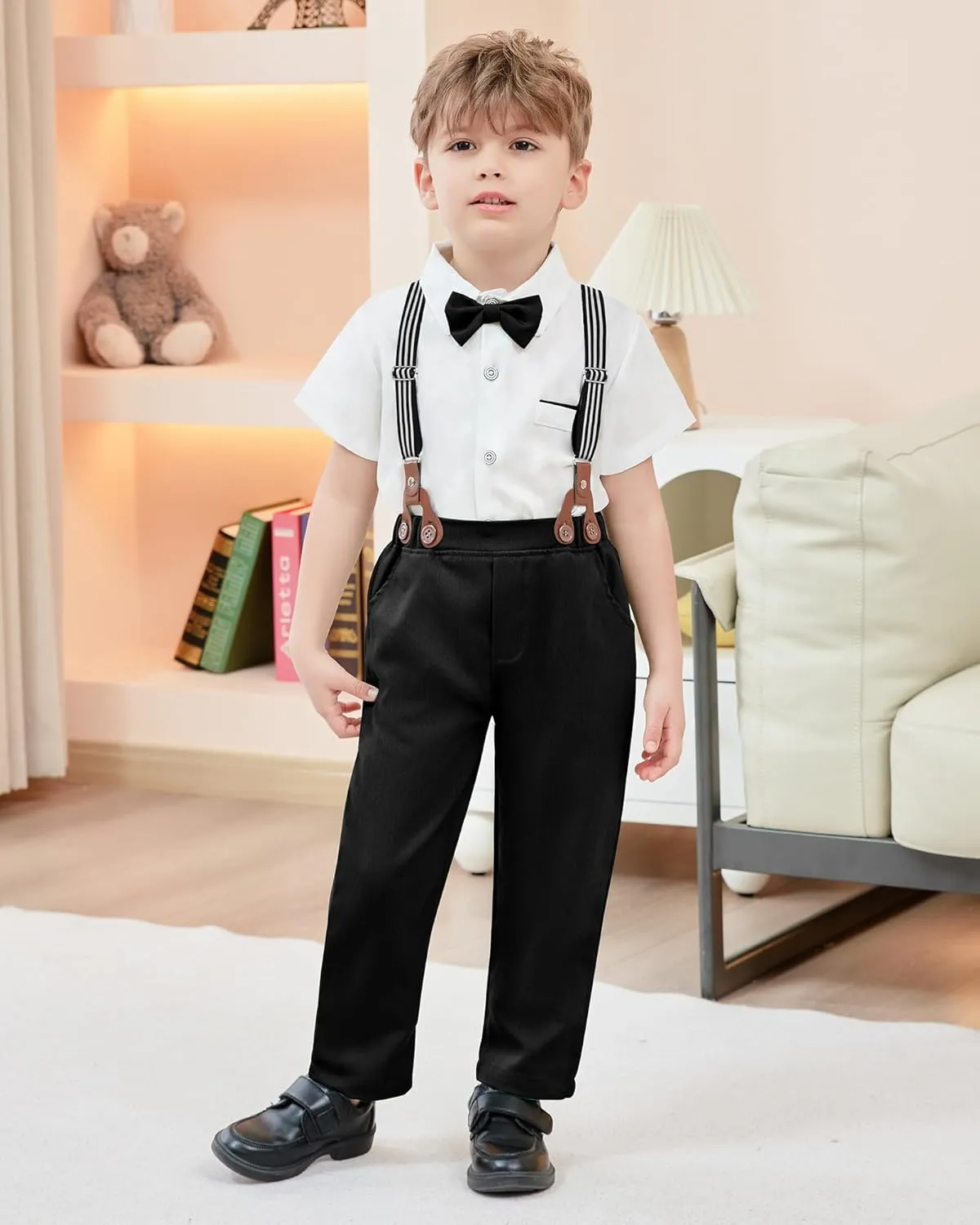 SANMIO Toddler Baby Boy Clothes Suit Gentleman Wedding Outfits, Formal Dress Shirt with Bowtie   Suspender Pants 1-5 Years