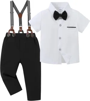 SANMIO Toddler Baby Boy Clothes Suit Gentleman Wedding Outfits, Formal Dress Shirt with Bowtie   Suspender Pants 1-5 Years