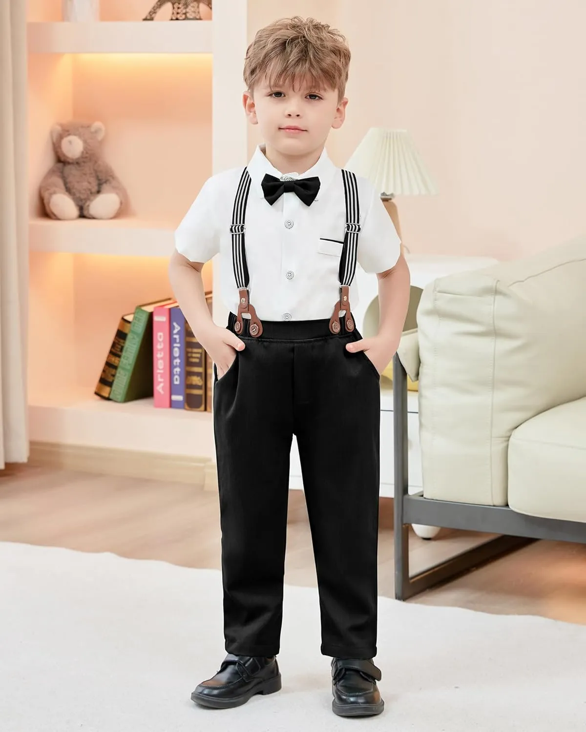 SANMIO Toddler Baby Boy Clothes Suit Gentleman Wedding Outfits, Formal Dress Shirt with Bowtie   Suspender Pants 1-5 Years