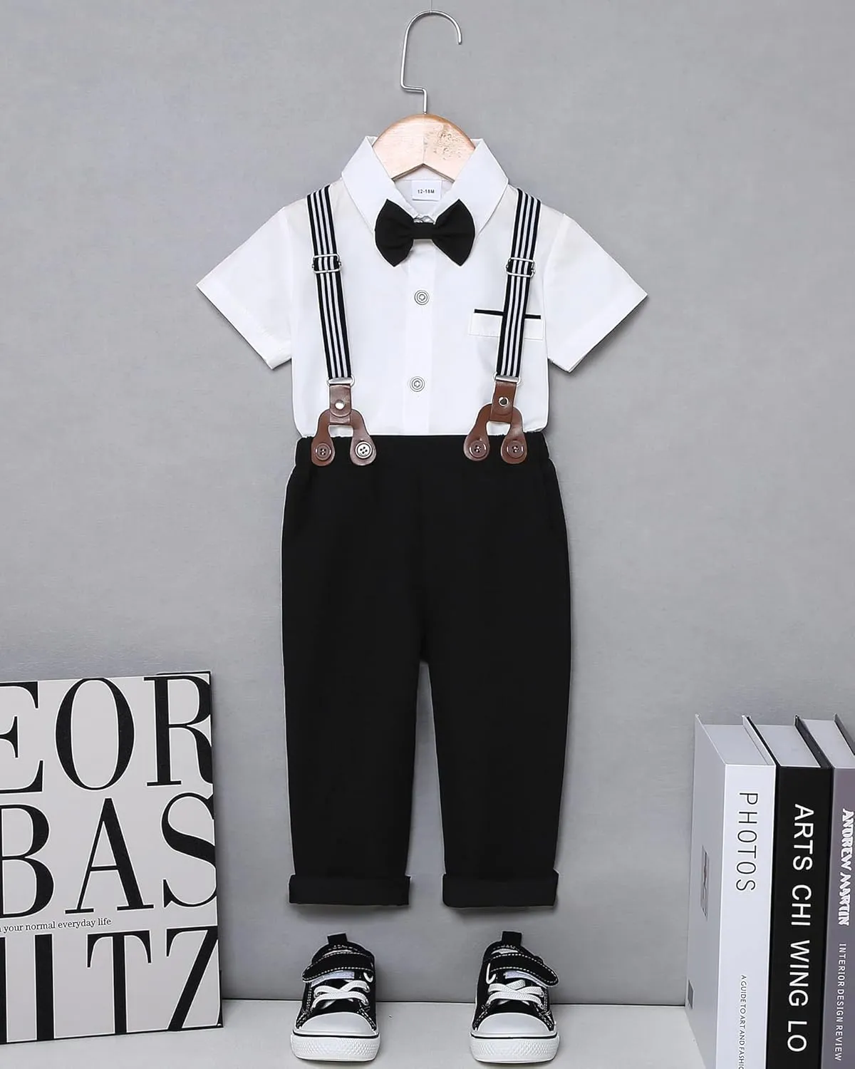 SANMIO Toddler Baby Boy Clothes Suit Gentleman Wedding Outfits, Formal Dress Shirt with Bowtie   Suspender Pants 1-5 Years