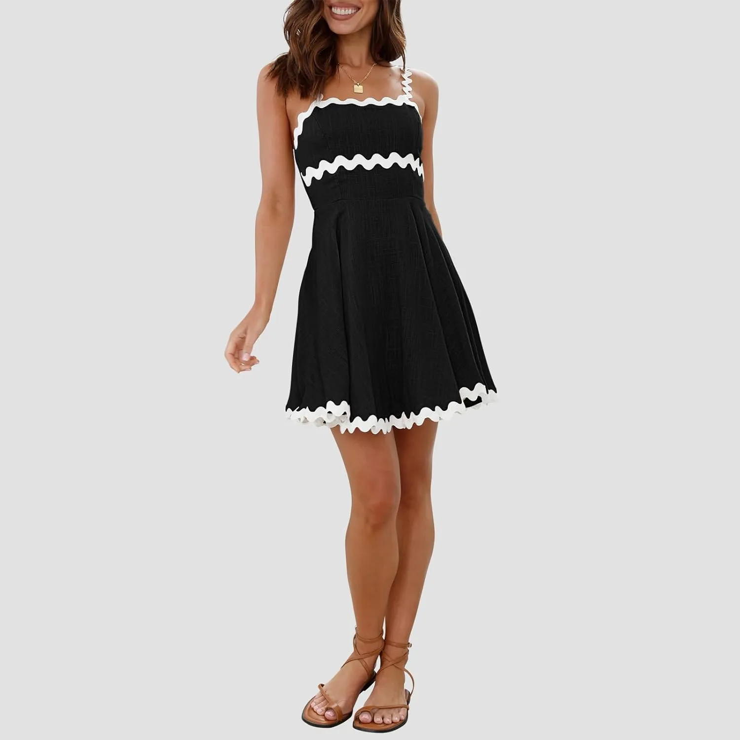Senllen Womens Summer Flowy Mini Dress 2025 Casual Spaghetti Straps Sleeveless Smocked Backless Swing Wave Trim Sundress
