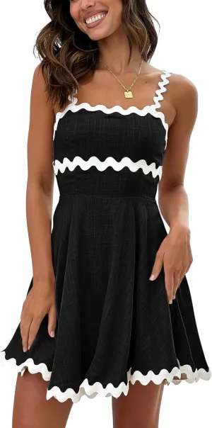 Senllen Womens Summer Flowy Mini Dress 2025 Casual Spaghetti Straps Sleeveless Smocked Backless Swing Wave Trim Sundress