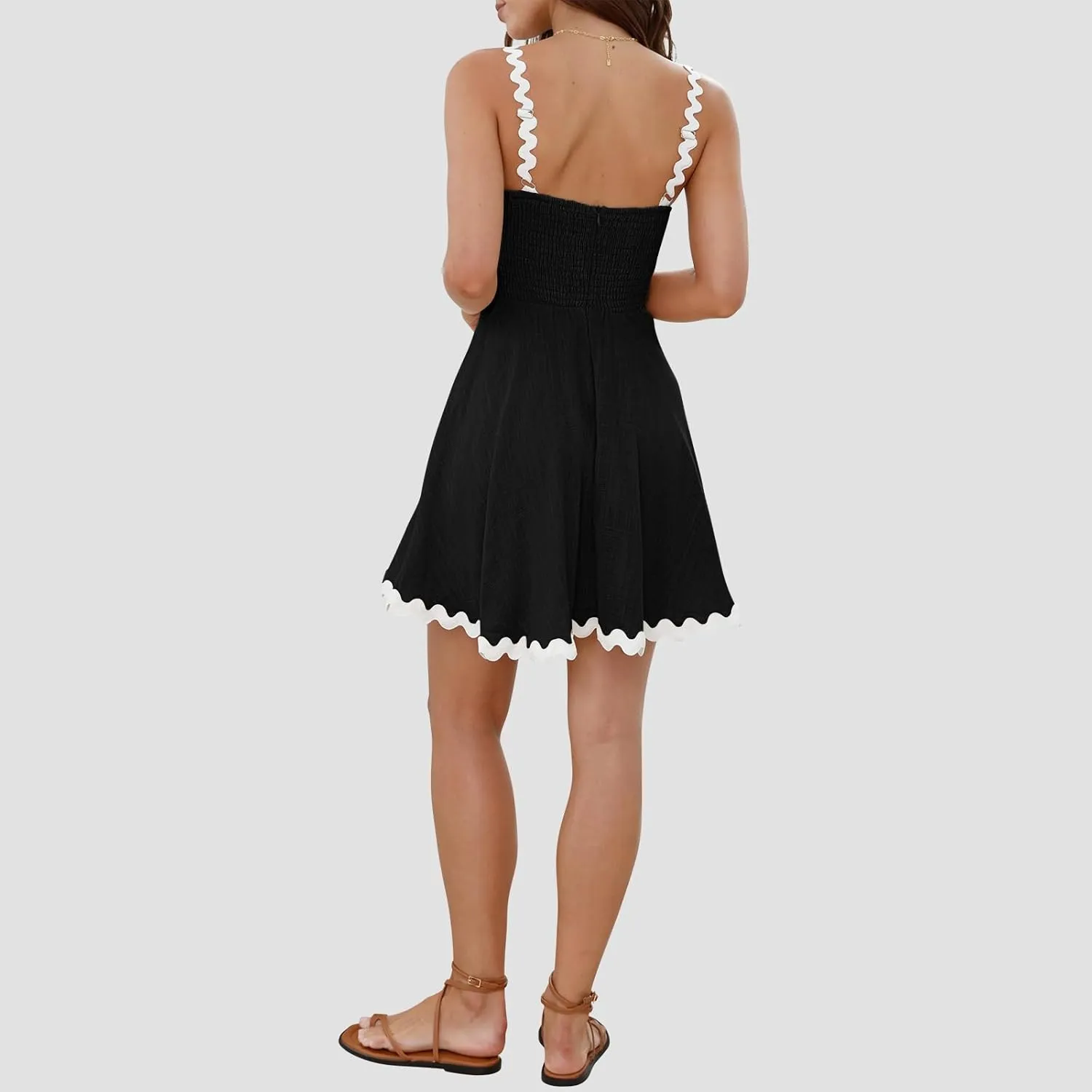 Senllen Womens Summer Flowy Mini Dress 2025 Casual Spaghetti Straps Sleeveless Smocked Backless Swing Wave Trim Sundress
