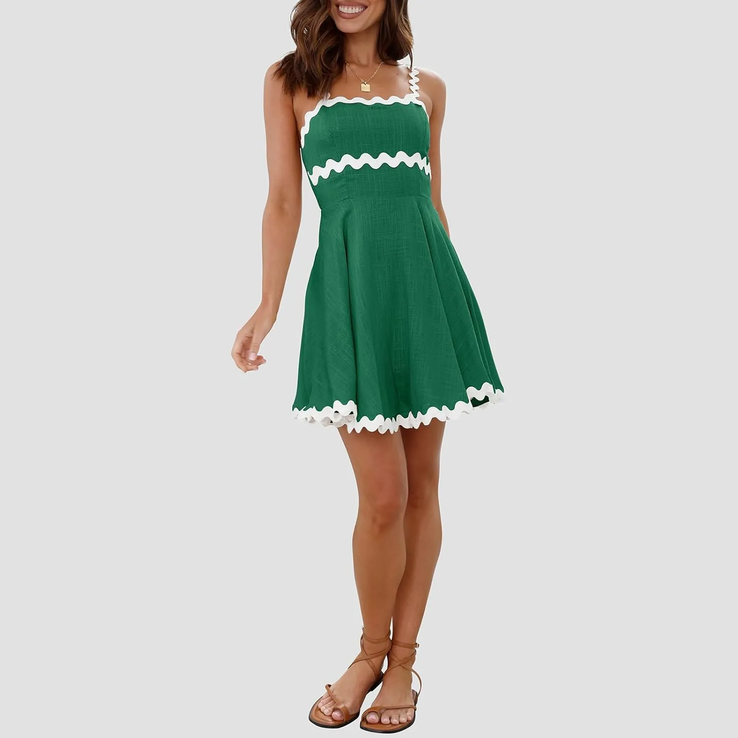 Senllen Womens Summer Flowy Mini Dress 2025 Casual Spaghetti Straps Sleeveless Smocked Backless Swing Wave Trim Sundress