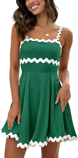 Senllen Womens Summer Flowy Mini Dress 2025 Casual Spaghetti Straps Sleeveless Smocked Backless Swing Wave Trim Sundress