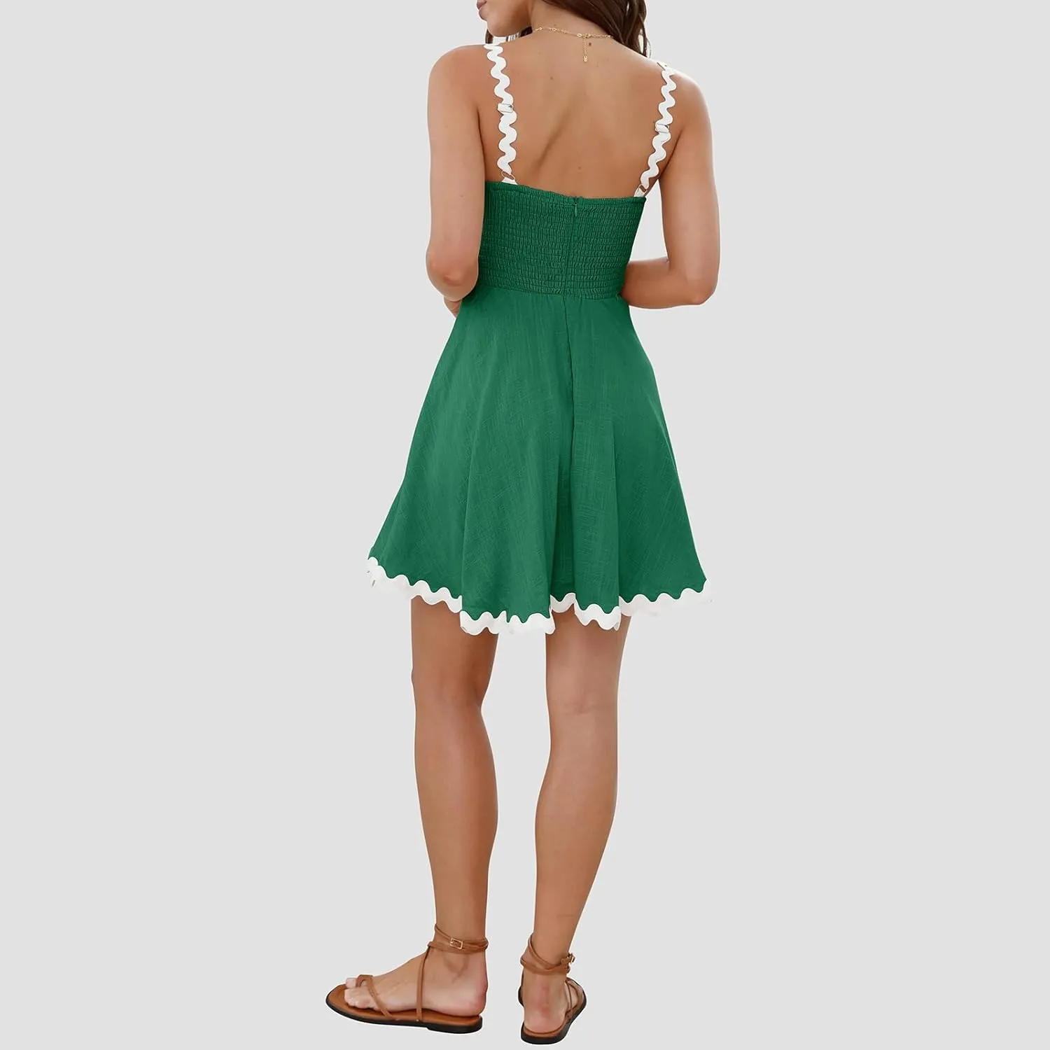 Senllen Womens Summer Flowy Mini Dress 2025 Casual Spaghetti Straps Sleeveless Smocked Backless Swing Wave Trim Sundress