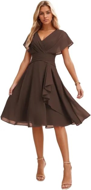 Short Bridesmaid Dresses with Sleeves V Neck Formal Wedding Guest Dress Chiffon Evening Gowns for Women