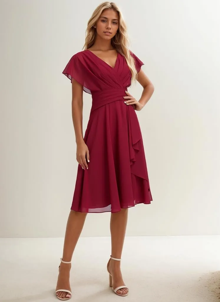 Short Bridesmaid Dresses with Sleeves V Neck Formal Wedding Guest Dress Chiffon Evening Gowns for Women