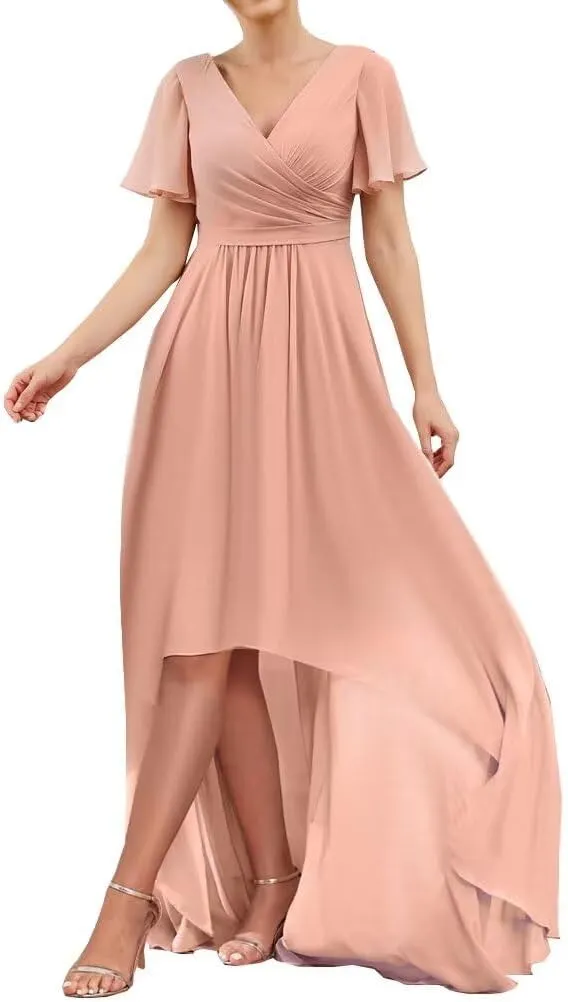 Short Sleeve Long Chiffon Bridesmaid Dresses for Women High Low Wedding Guest Formal Dresses 2024
