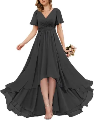Short Sleeve Long Chiffon Bridesmaid Dresses for Women High Low Wedding Guest Formal Dresses 2024