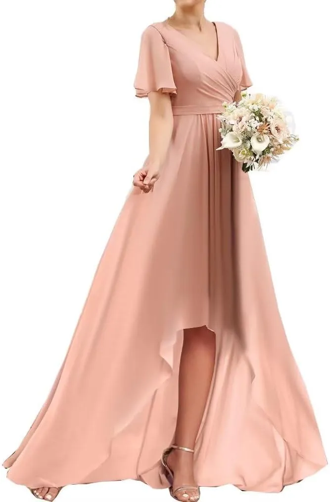 Short Sleeve Long Chiffon Bridesmaid Dresses for Women High Low Wedding Guest Formal Dresses 2024