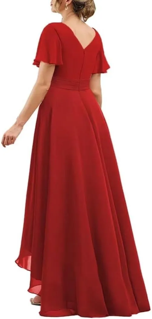 Short Sleeve Long Chiffon Bridesmaid Dresses for Women High Low Wedding Guest Formal Dresses 2024