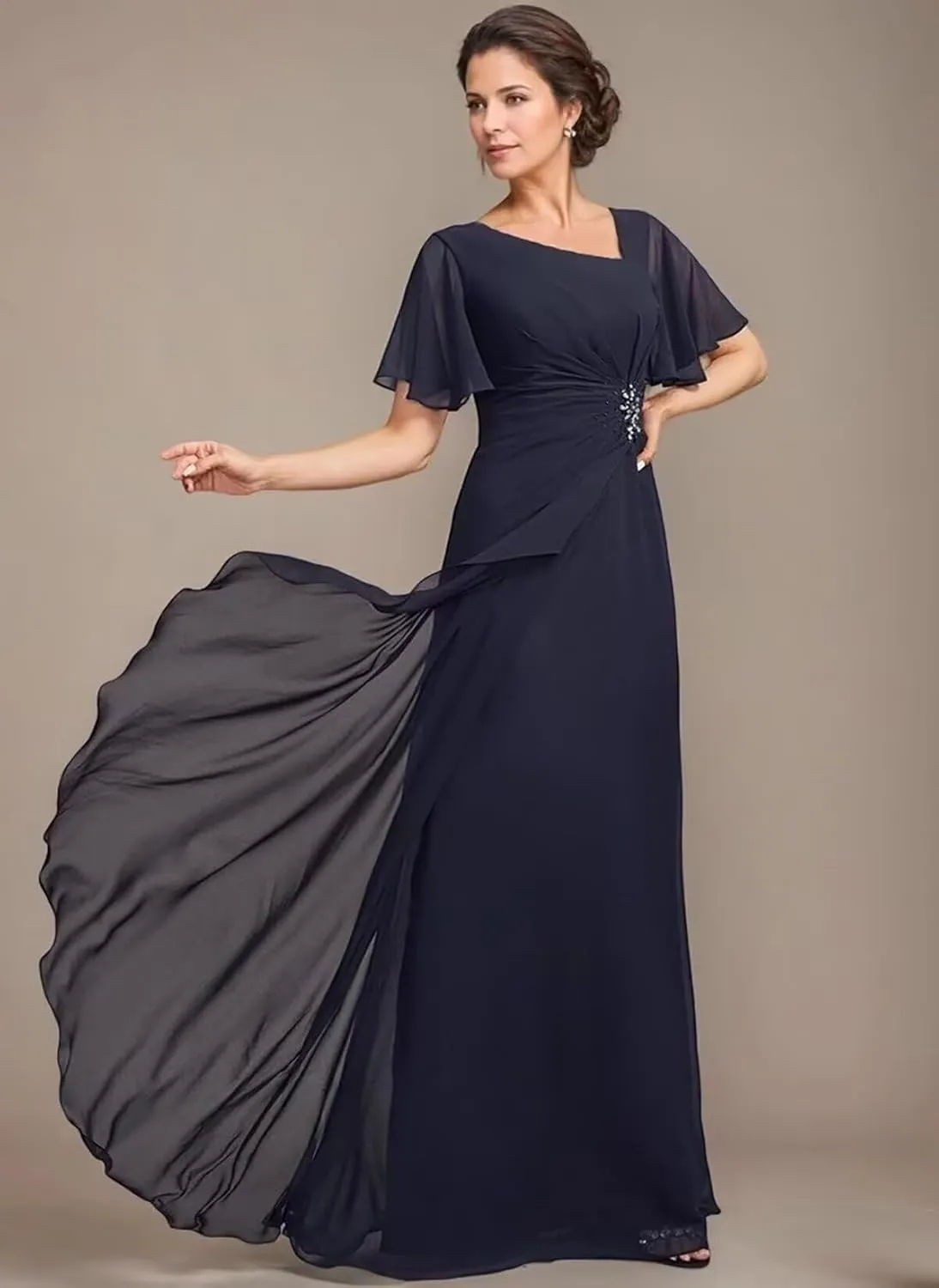 Short Sleeves Mother of The Bride Dresses for Wedding Long Ruffle Chiffon Formal Evening Party Gowns with Pockets