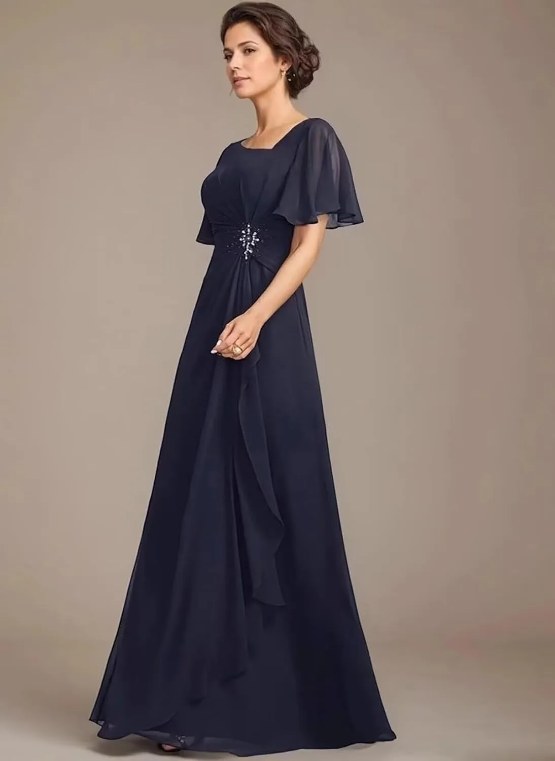 Short Sleeves Mother of The Bride Dresses for Wedding Long Ruffle Chiffon Formal Evening Party Gowns with Pockets