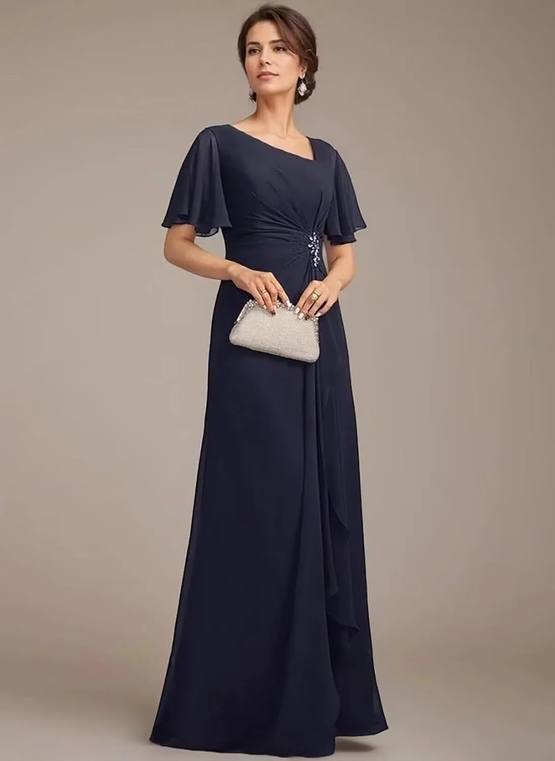Short Sleeves Mother of The Bride Dresses for Wedding Long Ruffle Chiffon Formal Evening Party Gowns with Pockets