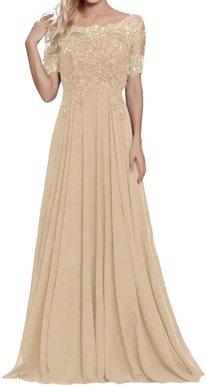 Short Sleeves Mother of The Bride Dresses for Wedding Long Ruffle Chiffon Formal Evening Party Gowns with Pockets