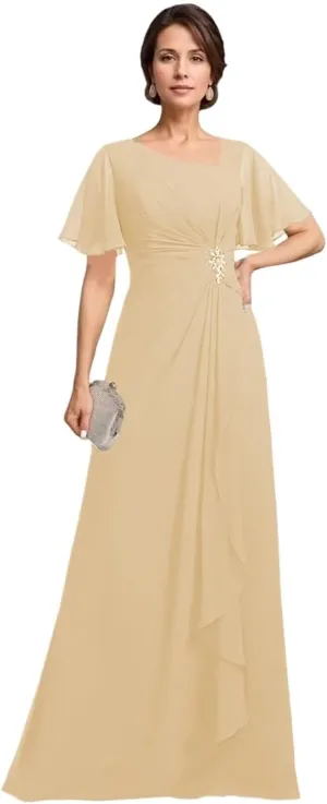 Short Sleeves Mother of The Bride Dresses for Wedding Long Ruffle Chiffon Formal Evening Party Gowns with Pockets